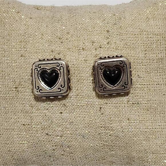 Brighton vintage retired square scrolled black heart post stud‎ earrings - Picture 1 of 4